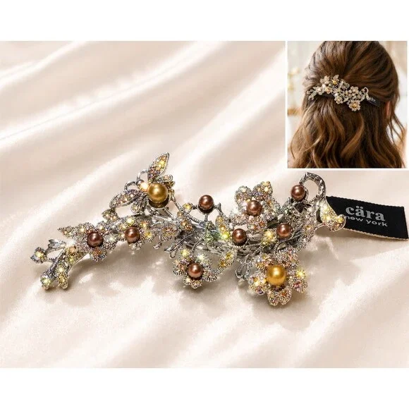Vintage Cara New York Barrette Hair Clip Silver Crystal Pearl Floral Bridal cute