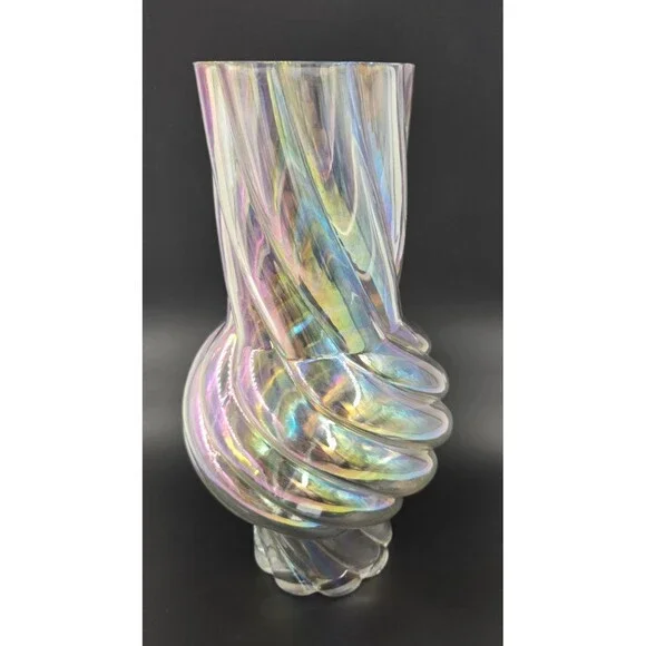 Lg 11” Anthropologie Twisted Iridescent Art Glass Vase Hand Blown Stunning Decor