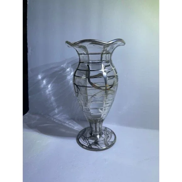 Art Nouveau Vase Sterling Silver Overlayed Glass Fluted Lip Footed Circa 1930’s