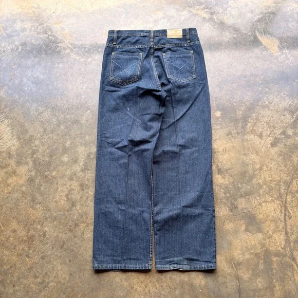 Existo Mens 32 Baggy Wide Leg Jeans Dark Wash Gold Crest Embroidered Y2K Blue‎