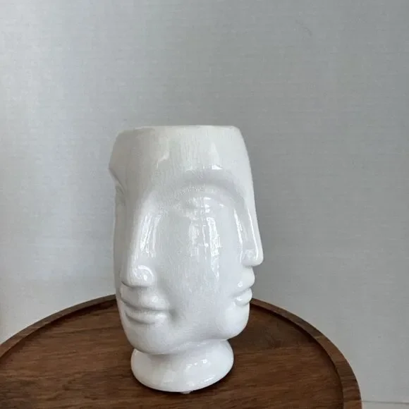 White Crackled Four Faces Vase Interesting Eye Catching