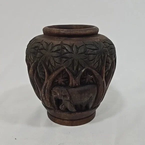 Vtg 1970s hand Carved Wooden Vessel Bowl Vase Elephants safari‎ jungle African