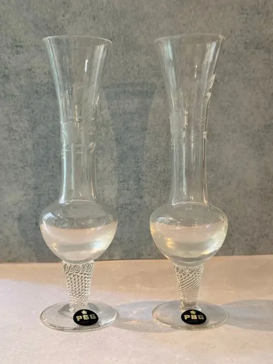 Vintage PBG Etched Glass Bud Vases - Set of 2
