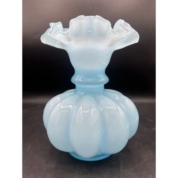 Vintage Fenton Blue Opalescent Melon Vase Ruffled Crimped Rim Art Glass 7.5”