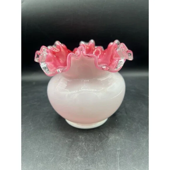 Vintage Fenton Peach Crest White Cased Rose Bowl Vase Pink Interior Ruffled Rim
