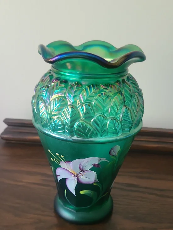 Fenton Green Iridescent Handpainted Vintage Glass Vase