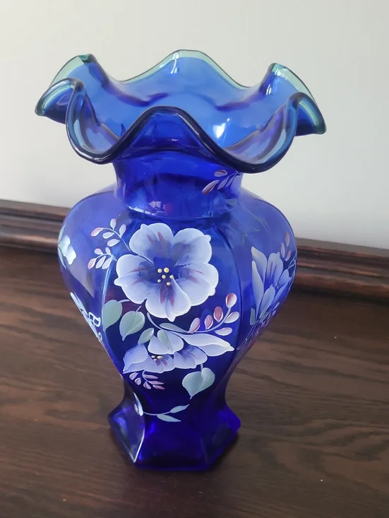 Fenton Cobalt Blue Hand-Painted Floral Ruffled Vintage Vase