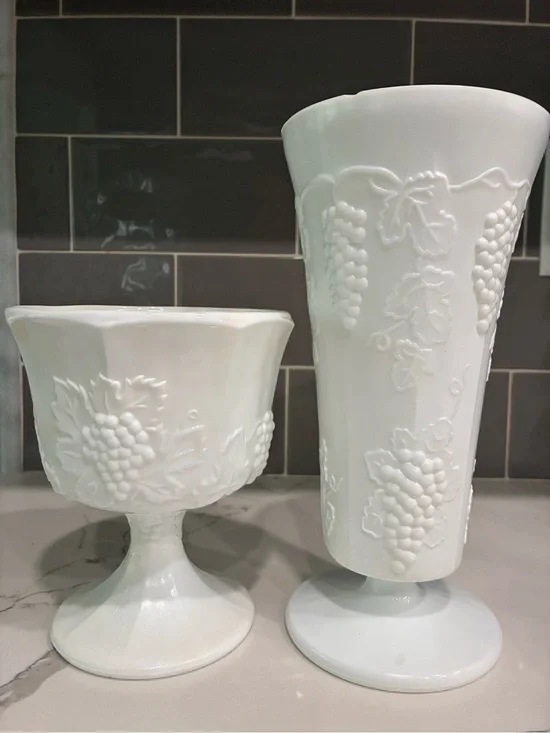Vintage Indiana Glass Milk Glass Harvest Grape Set - Pedestal Vase & Compote
