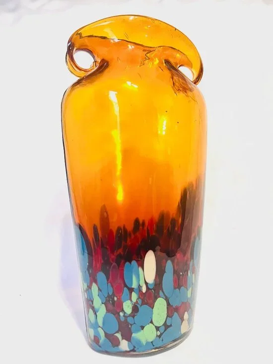 Amber Hand Blown Art Glass Double Handle Vase-Multi Colored Base-11 1/2'x 6
