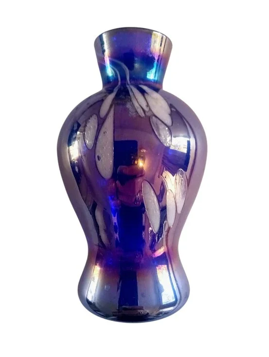 Cobalt Blue Art Glass Vase Distinct Iridescent Sheen White Drip Feather Accents