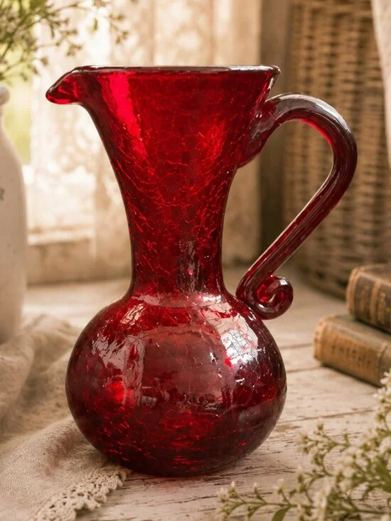 Vintage Mid-Century American Hand-Blown Ruby Red Crackle Glass Pitcher Bud Vase