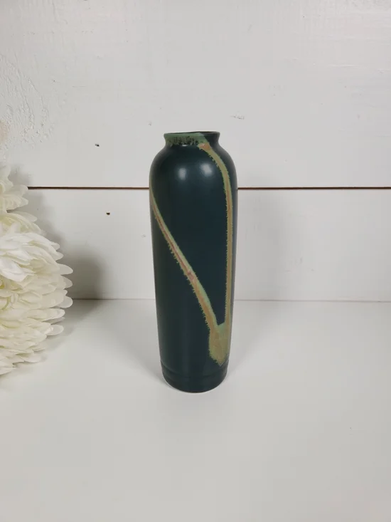 Vintage Dark Green Pottery Art Vase 6.75