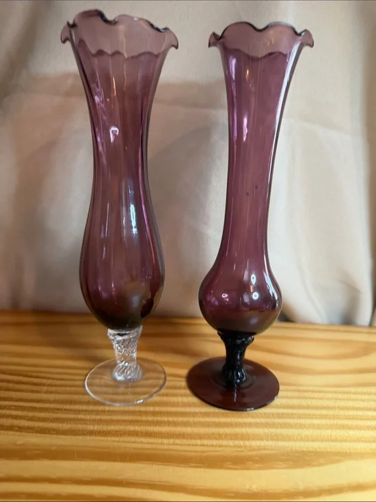 Vintage Amethyst Glass Bud Vases Mismatched Pair Mid Century Modern Ruffled