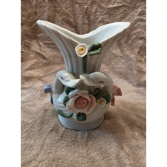 Vintage Porcelain Double Swan Vase with 3D Pink Rose Floral Accents Ceramic