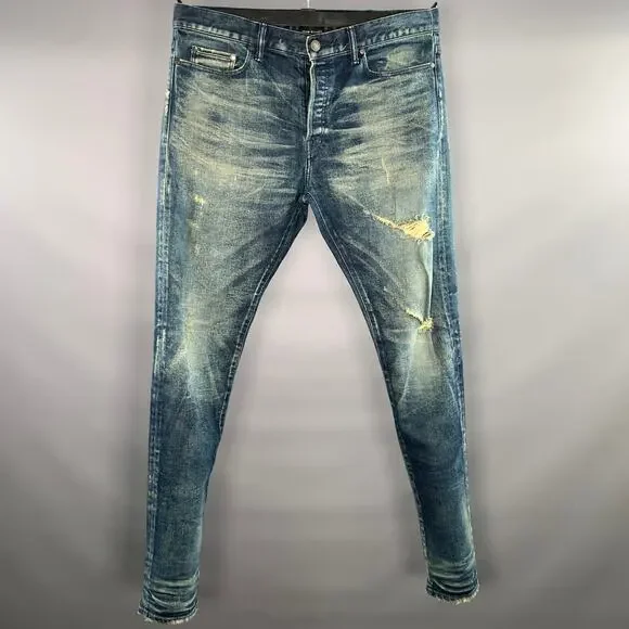 JOHN ELLIOTT Size 34 Blue Distressed Denim Button Fly Jeans