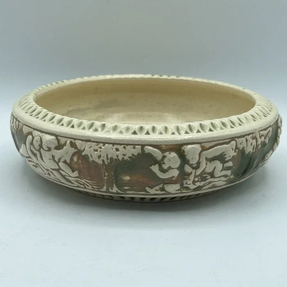 Vintage Roseville Pottery Donatello Planter,  Bowl, 1916‎ ,Cream/Green/Tan 7