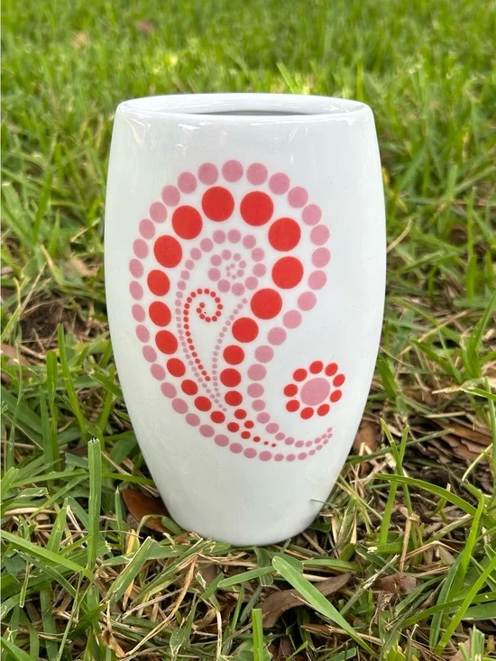 Poland White Ceramic Vase with Pink and Orange Dot Paisley Design