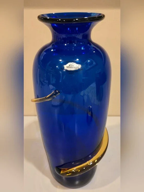 Signed Richard Blenko Cobalt Blue Glass Vase with Amber Spiral Accent