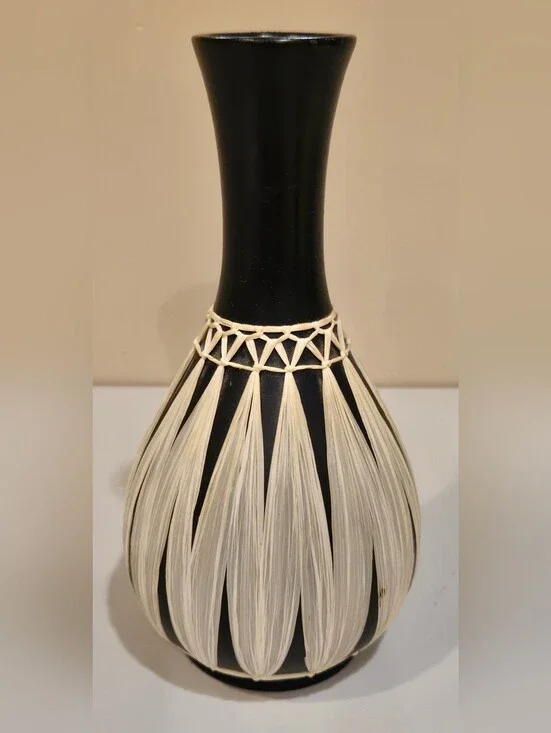 Vintage Gmunder Keramik Vase with Natural Raffia Detailing