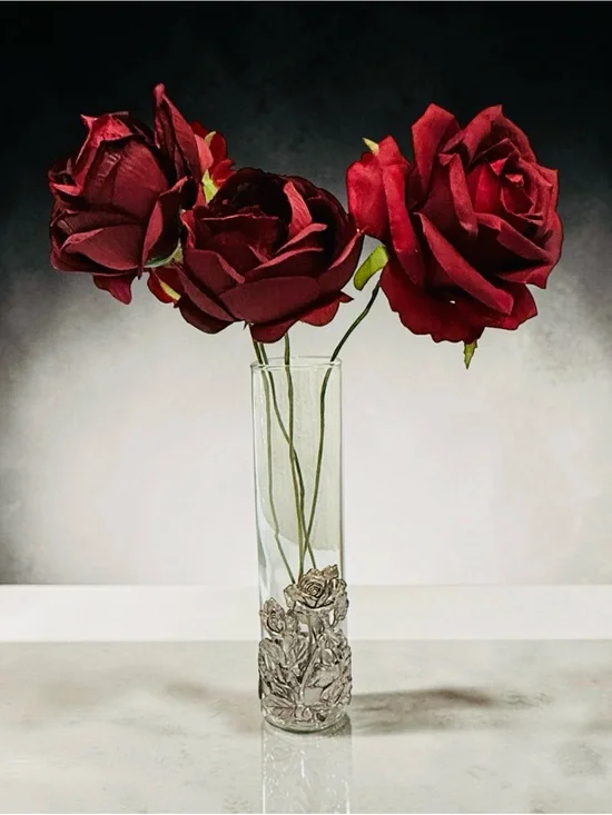 1995 Arthur Court Bunny & Roses Bud Vase Cast Aluminum with Faux Burgundy Stems
