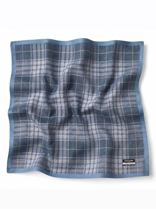 Pierre Cardin Vintage Blue Plaid Cotton Handkerchief Pocket Square Scarf