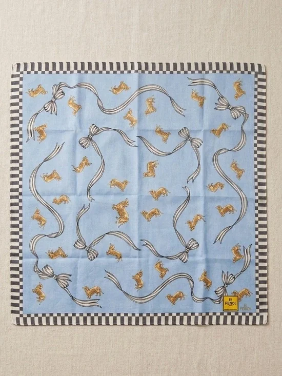 Fendi Logo Vintage Dachshund Dog Ribbon Checkerboard Print Handkerchief Scarf