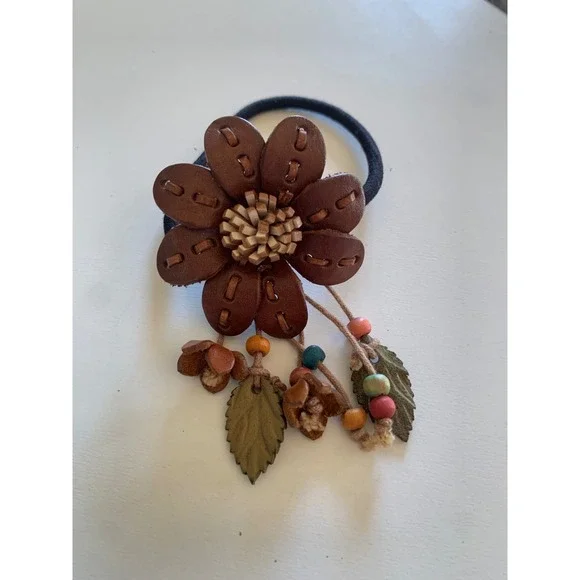Leather Flower Hair Tie Pony Tail Holder Stitched Beads Boho Brown