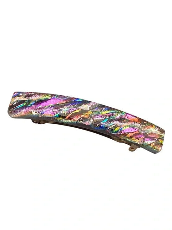 Vintage French Dichroic Art Glass Hair Barrette Iridescent Mosaic Made France