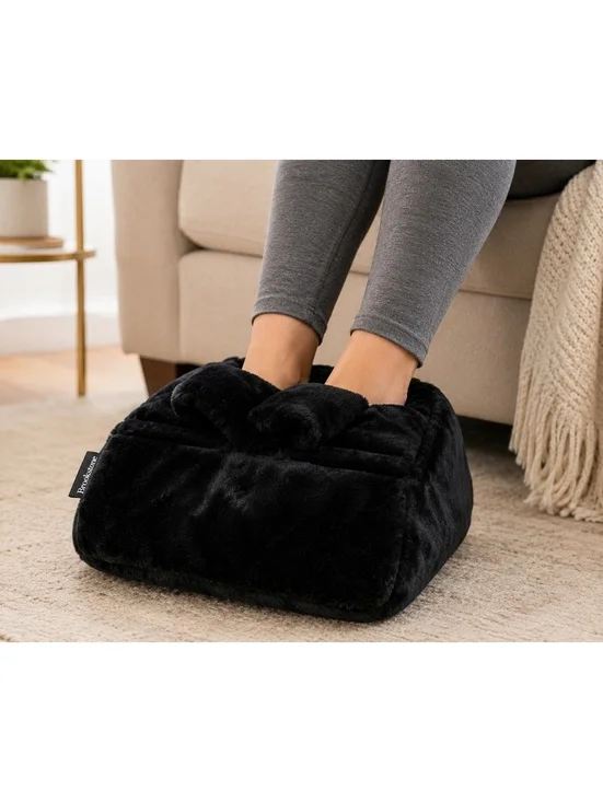 Brookstone Foot Massager Black Plush Heated Foot Warmer Cushion Battery Powered