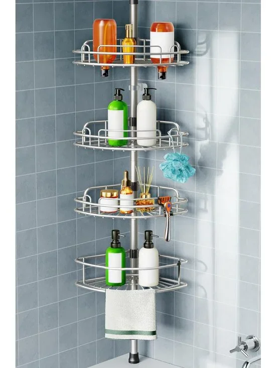 4-Tier Rustproof Shower Caddy Tension Pole - Adjustable No-Drill Bathroom