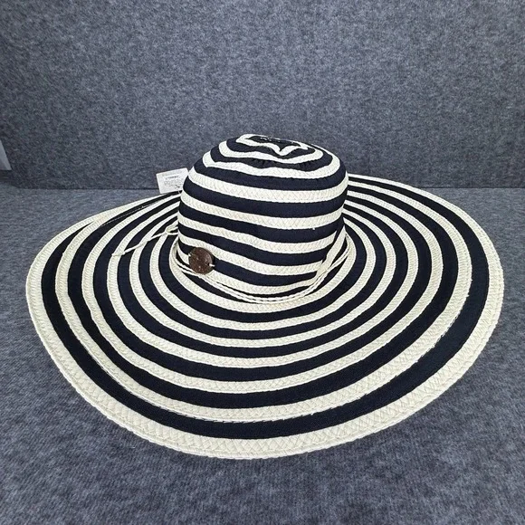 PANAMA JACK Floppy Sun Hat Womens OS Wide Brim Beige White Striped Resort Hat‎