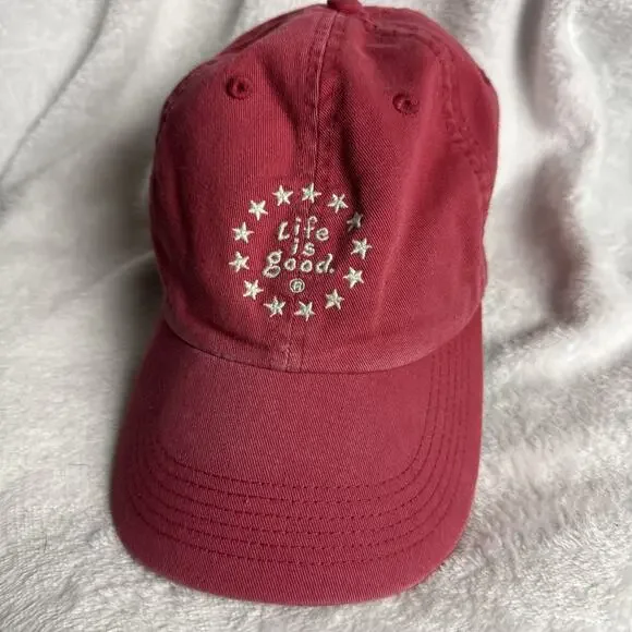 Life Is Good Adult Red Hat Baseball Cap Adjustable OS Embroidered Logo Stars