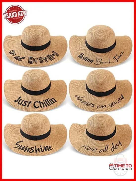 6 Pack Straw Floppy Sun Hats with Embroidered Words Foldable Large Brim