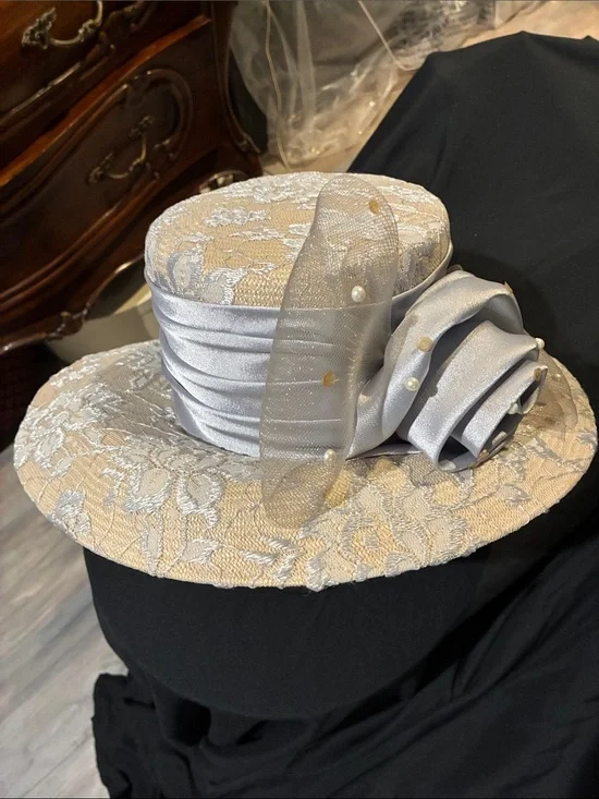 Elegant Designer Beige Straw w/Silver Lace Women's Dress Hat with Satin Rosette