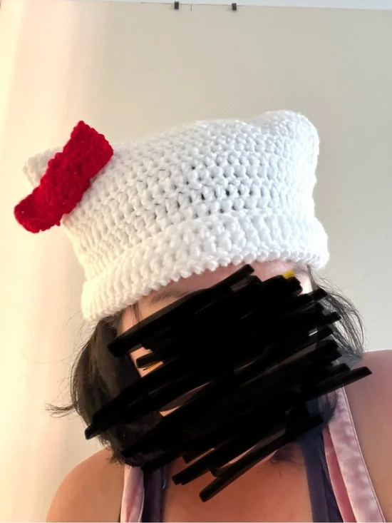 HANDMADE CROCHET White Cat Ear Hello Beanie