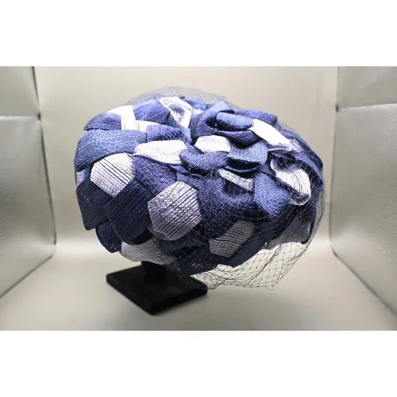 Vintage Navy Blue Silver Ribbon Hat Fascinator Netting Pillbox Cocktail Fashion