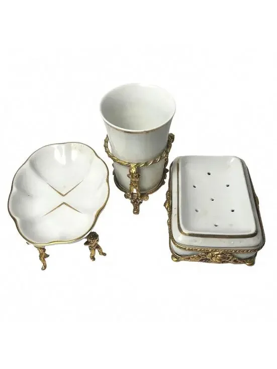 Vintage White Porcelain and Brass Decorative Hollywood Regency Vanity Set
