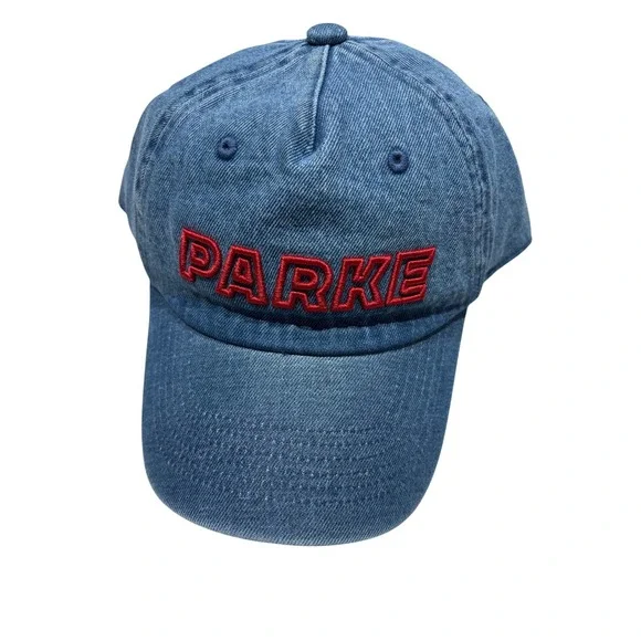Parke Blue Denim Baseball Cap Red Embroidered Logo Adjustable Hat NWT
