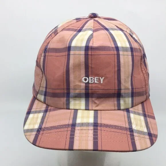 Obey Madras Salmon Pink Plaid Cotton Lightweight Baseball Hat Cap