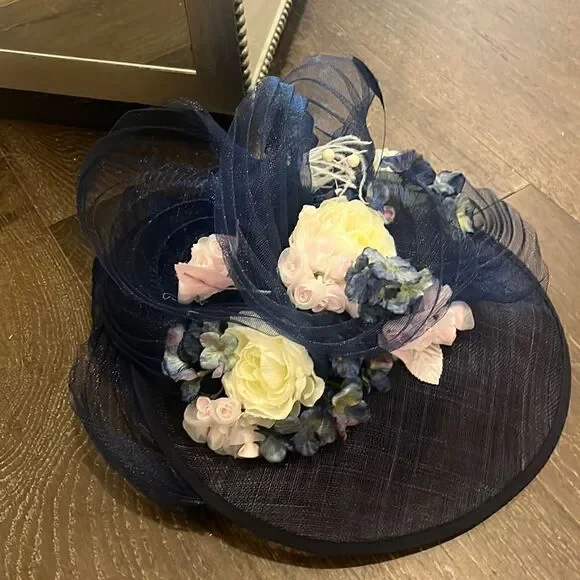 Navy custom floral fancy Derby hat, handmade