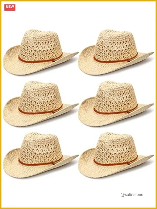 6 Pack Western Straw Cowboy Sun Hats with Chin Strap Wide Brim