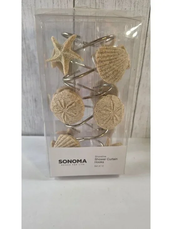 SONOMA SHORELINE SHOWER CURTAIN HOOKS SEA SHELLS BEACH VIBES BATHROOM DECOR 12 c