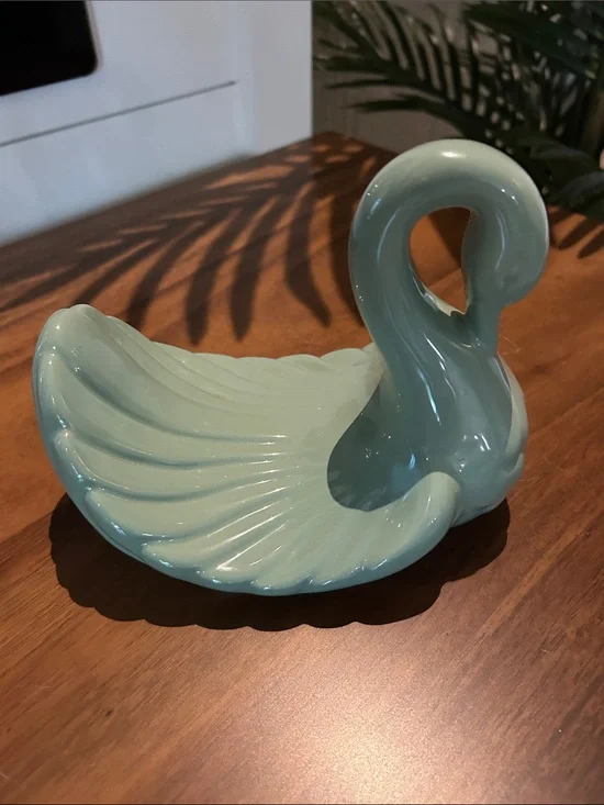Vintage Glossy Teal Ceramic Swan Figurine Accent