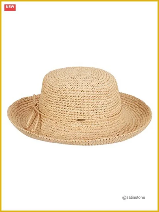 Crocheted Packable Raffia Sun Hat with Drawstring, Crushable
