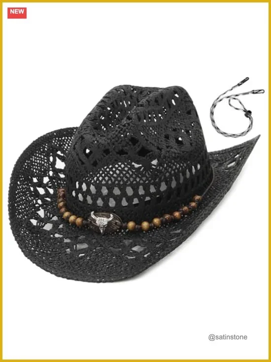 Straw Cowgirl Hat Woven Hollow Out Wide Brim Sun Hat with Chin Strap