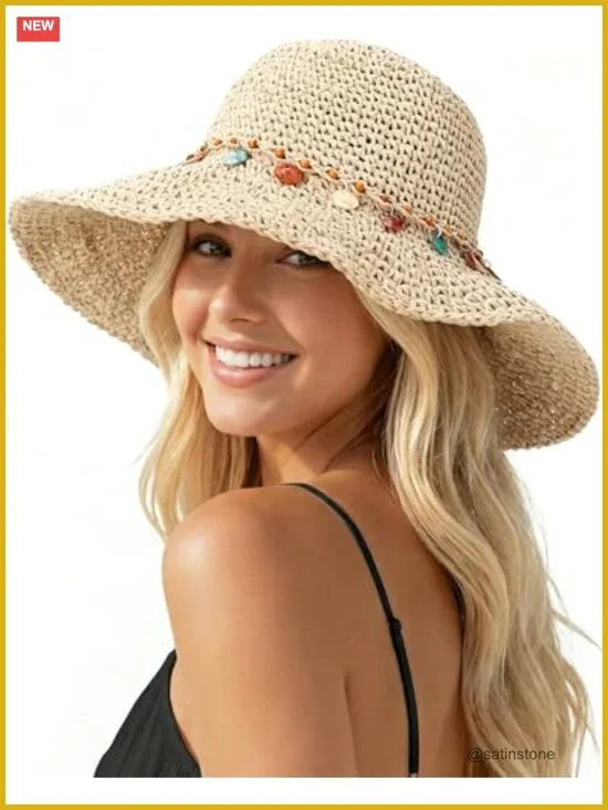 Straw Bucket Hat UPF 50+ Foldable Sun Hat with Chin Strap