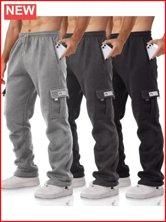 Men's 3 Pack Fleece Lined Cargo Joggers with Pockets Relaxed Fit