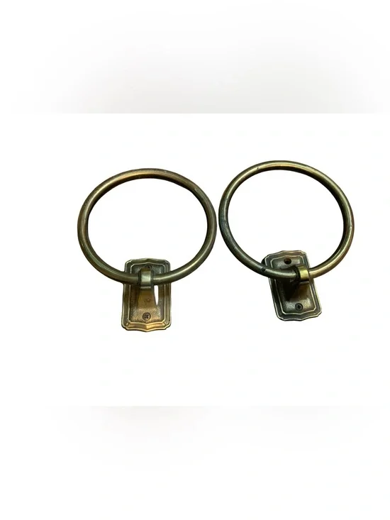 Lot of 2 - Vintage Brass Medallion Towel Holder Rings With Wall Mounts