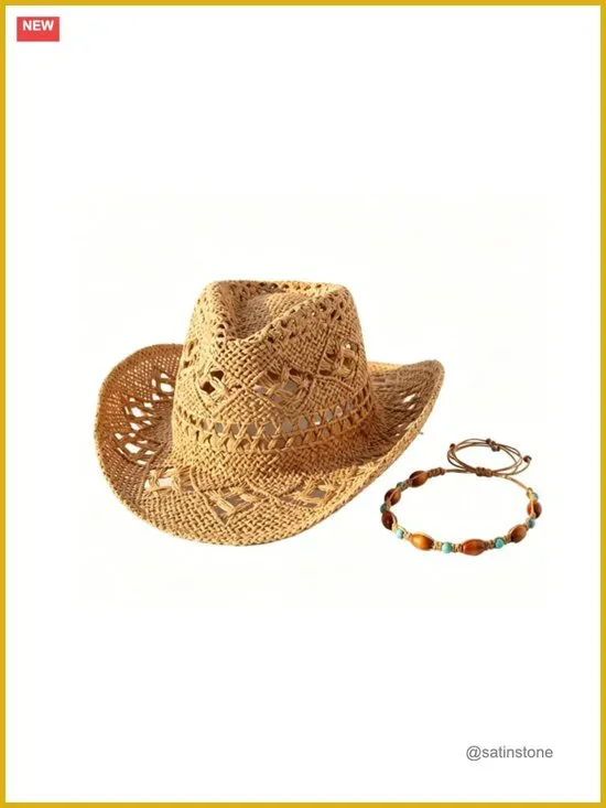 Woven Straw Cowboy Sun Hat with Adjustable Fit - UPF 50+