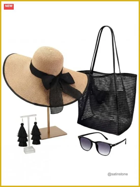 Beach Accessories Set Straw Hat Mesh Tote Bag Sunglasses Earrings Bohemian